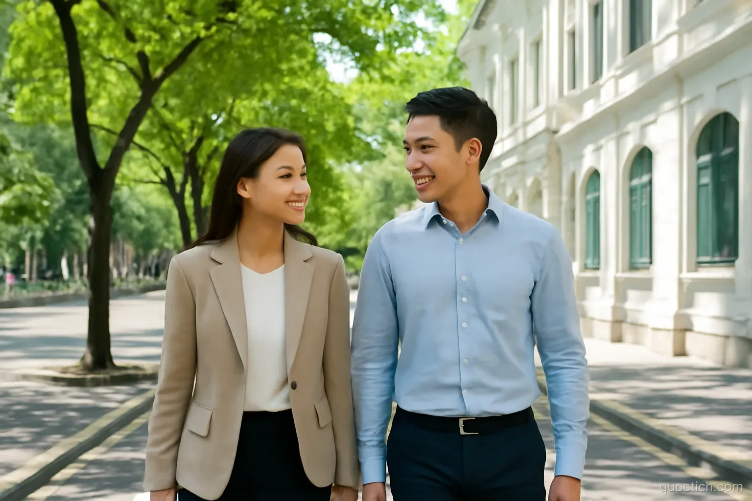 Young Vietnamese couple in neat smart-casual clothes walking along a leafy boulevard in Ho Chi Minh City District 1 on a bright morning, medium shot, fresh green tamarind trees and white colonial facades