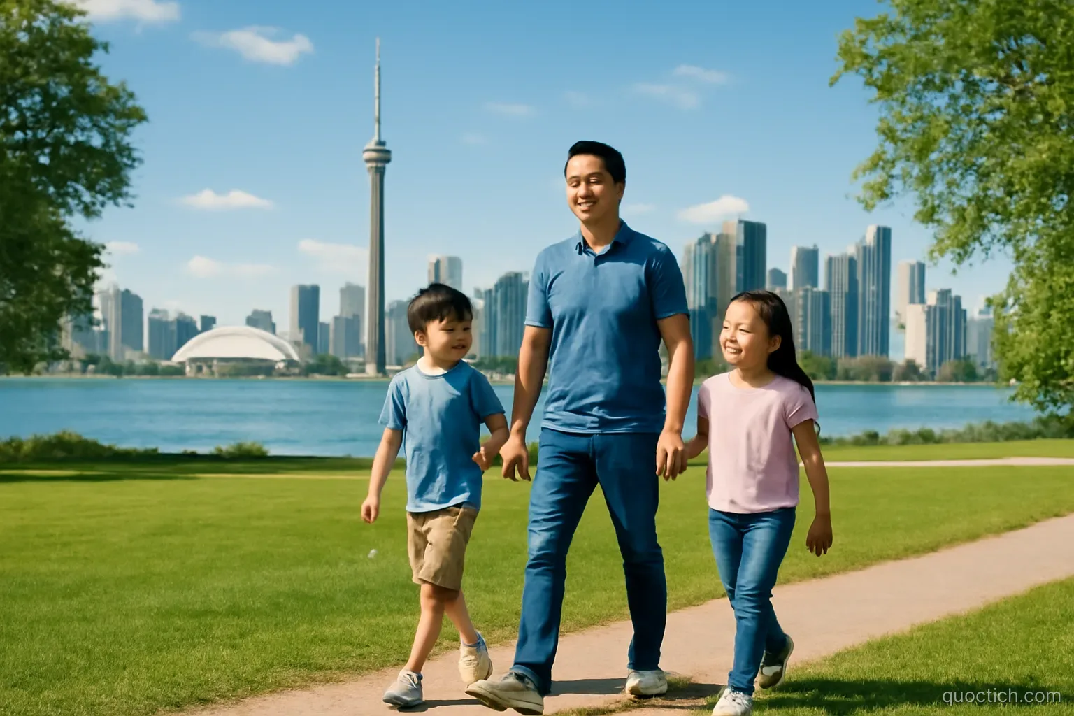 Vietnamese father and two children walking across a sunny lakeside park with the Toronto CN Tower skyline behind them, wide shot, fresh green grass and blue sky, cheerful midday light