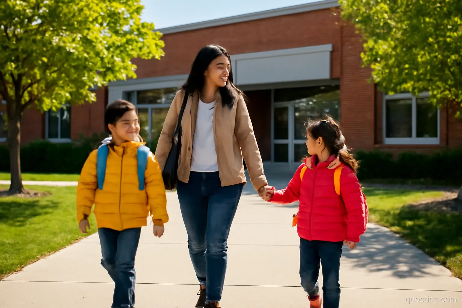 Vietnamese mother walking her two primary school children in bright backpacks to a modern red-brick school entrance in a Melbourne suburb, wide shot, sunny morning, colorful jackets and green trees