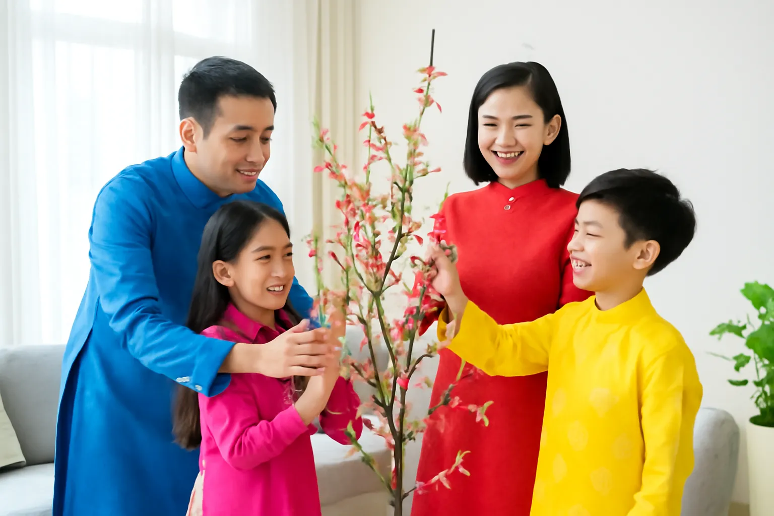 Cả nhà cắm cành đào trong phòng khách, trẻ con mặc áo dài