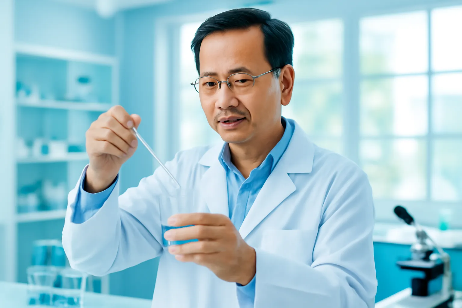Người đàn ông trung niên học thực hành trong phòng thí nghiệm sáng