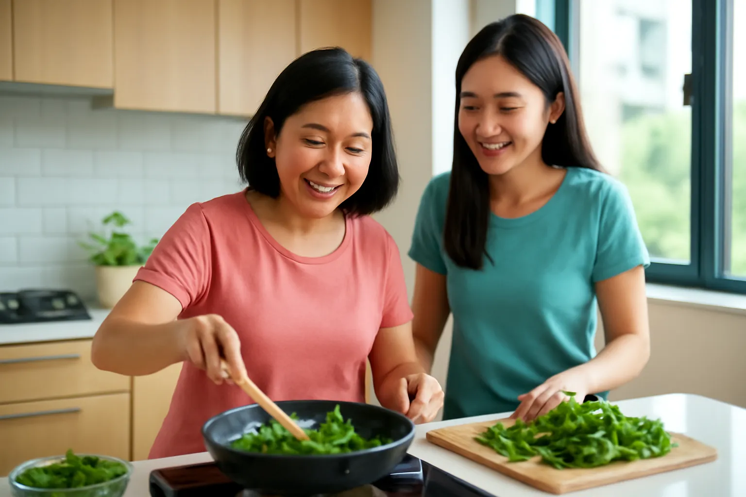 Bà mẹ nấu ăn trong bếp căn hộ hiện đại, con gái đứng bên cạnh