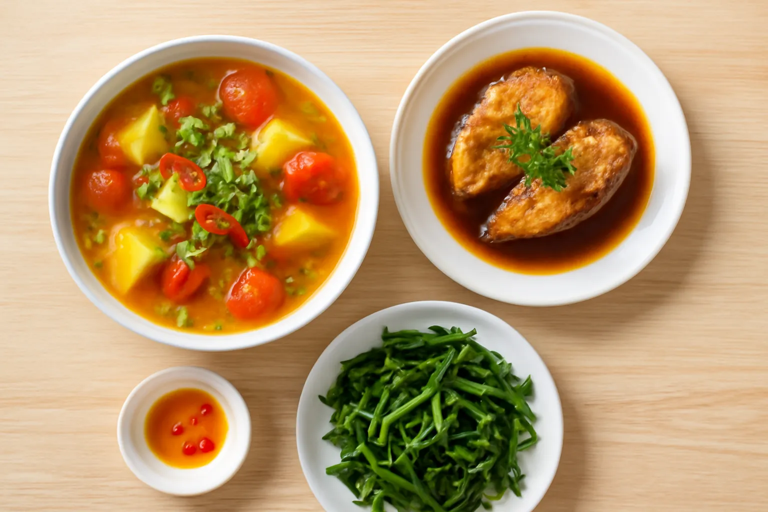 Mâm cơm canh chua, cá kho, rau muống xào trên bàn gỗ sáng màu