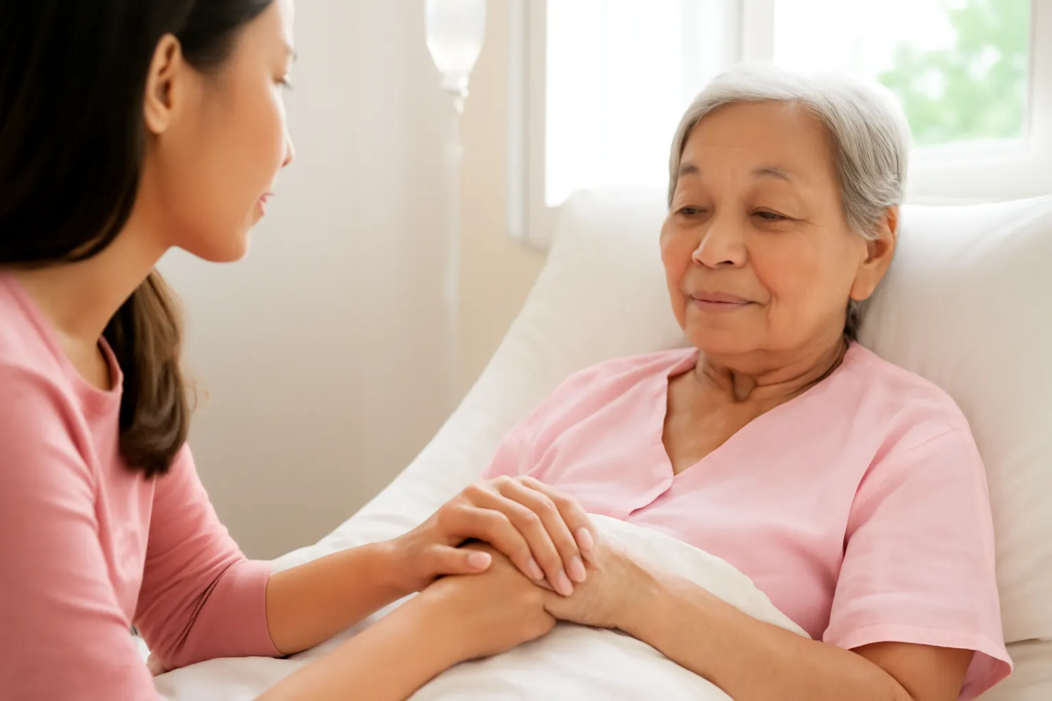 Bàn tay con gái nắm tay mẹ già trên giường bệnh viện sáng sủa
