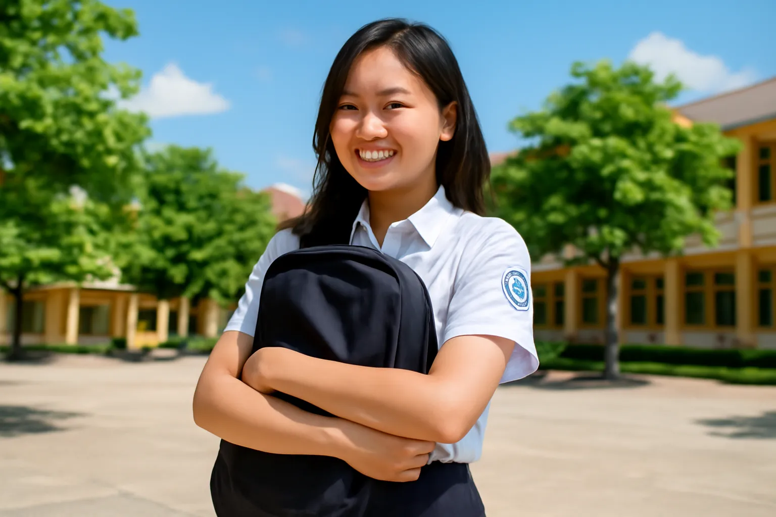 Nữ sinh mặc đồng phục cấp ba ôm ba lô đứng ở sân trường