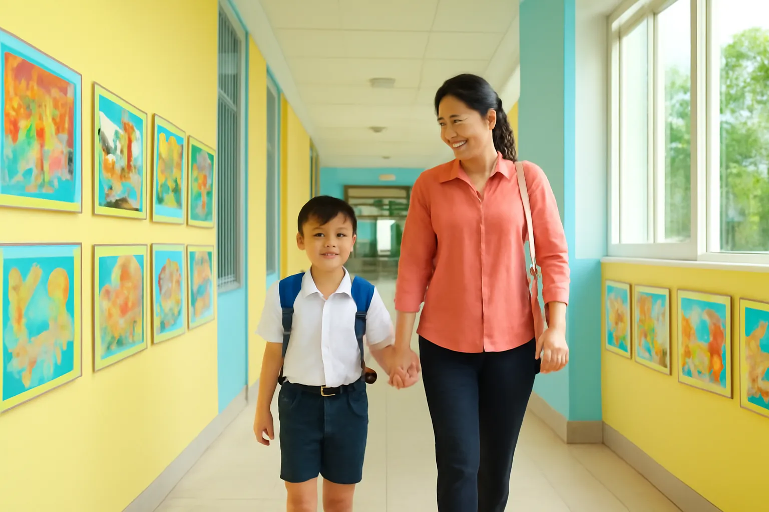 Phụ huynh dắt con đi dọc hành lang trường tiểu học treo tranh trẻ vẽ