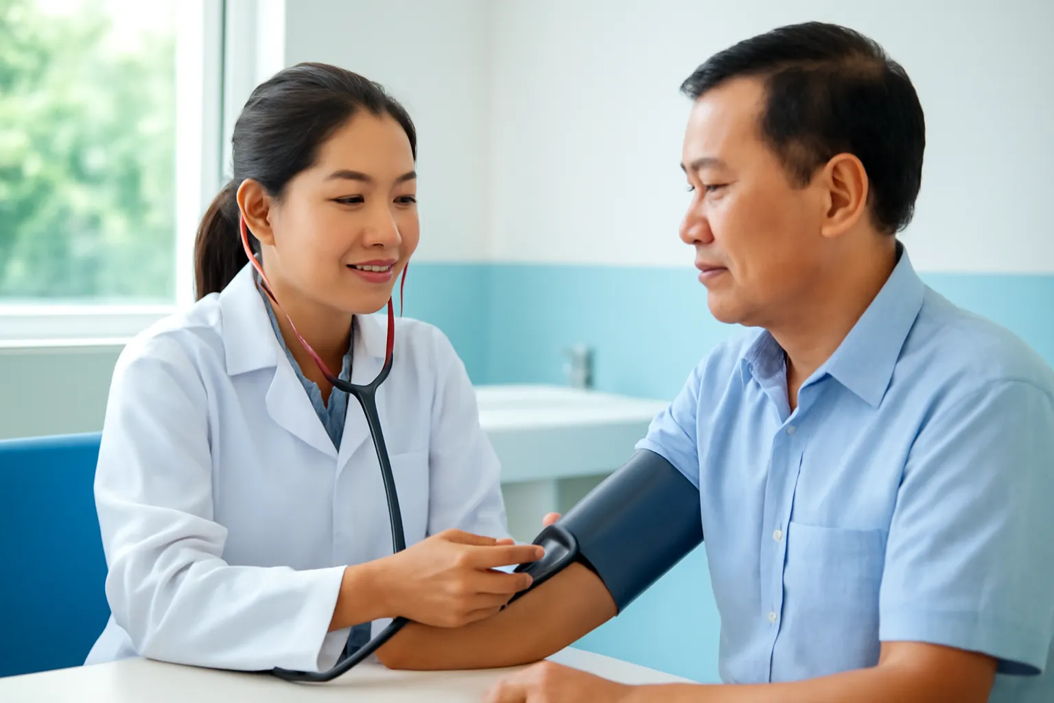 Bác sĩ đo huyết áp cho người đàn ông trung niên trong phòng khám sáng