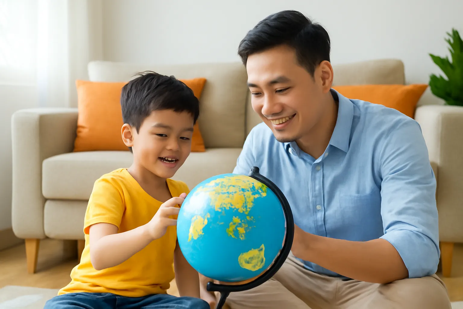 Bố và con trai ngồi trên sàn phòng khách cùng xoay quả địa cầu