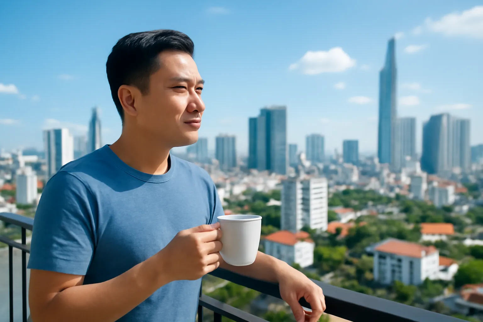 Người đàn ông đứng ban công chung cư nhìn ra thành phố buổi sáng