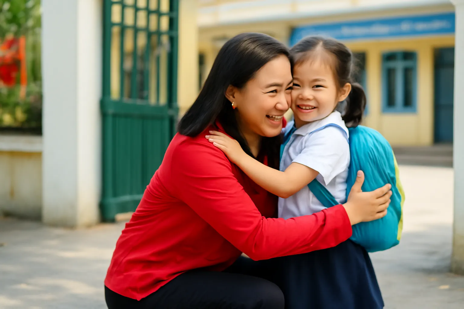 Người mẹ ngồi xổm ôm vai con gái trước cổng trường tiểu học