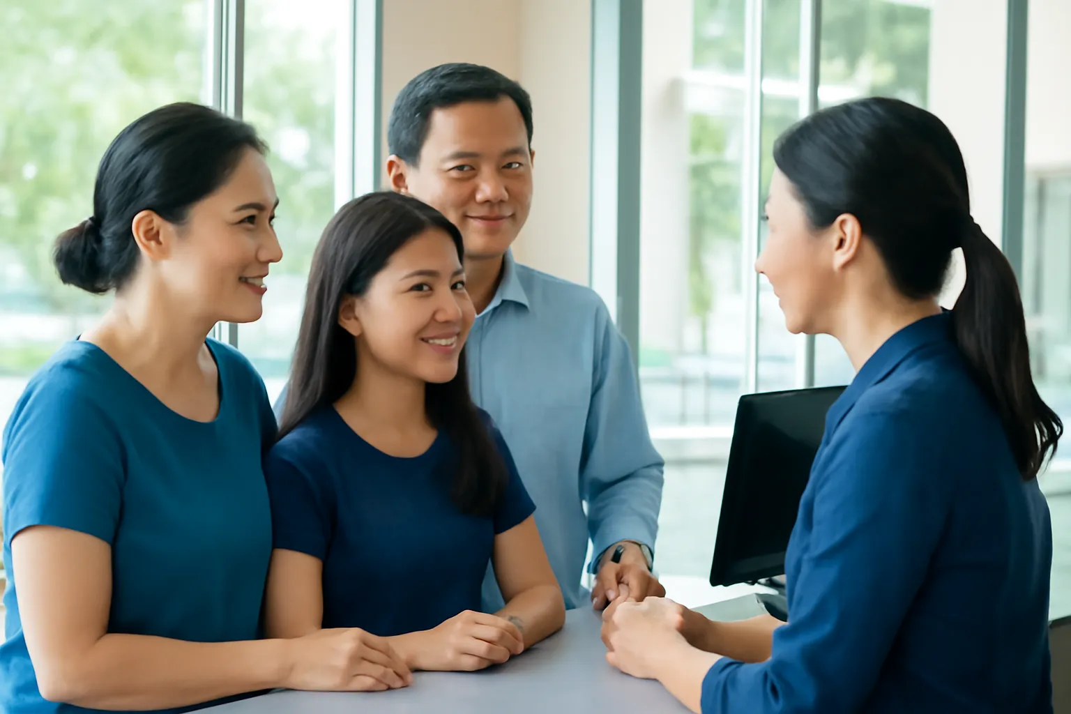 Bé gái đứng giữa bố mẹ ở quầy dịch vụ, nói chuyện với nhân viên