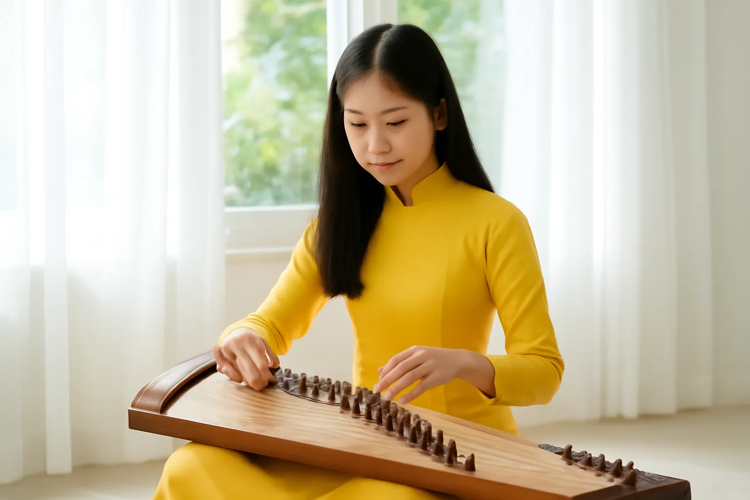 Cô bé tuổi mới lớn chơi đàn tranh trong căn phòng sáng rèm trắng