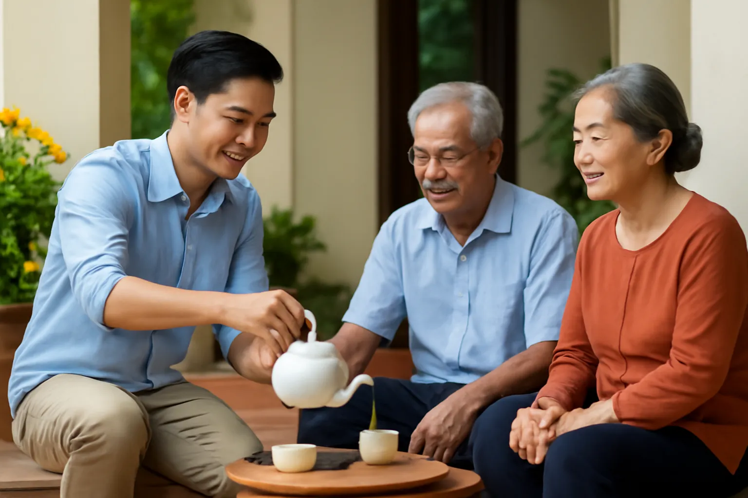 Con trai rót trà cho bố mẹ già trên hiên nhà có chậu hoa