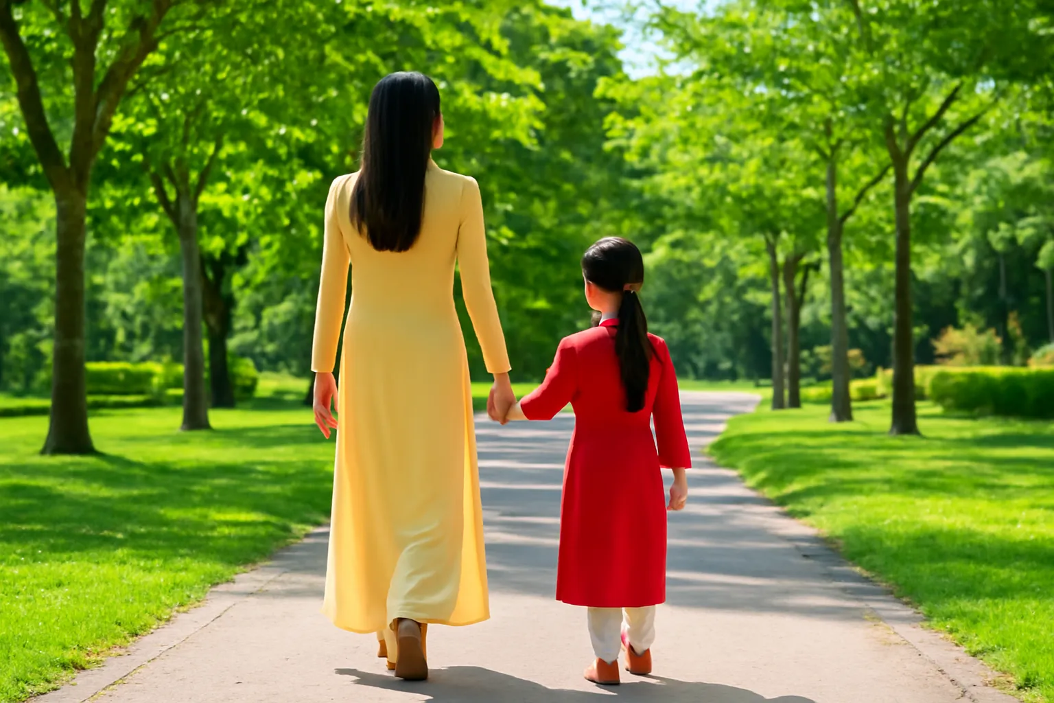 Mẹ và con gái nhỏ nắm tay đi dạo trong công viên xanh