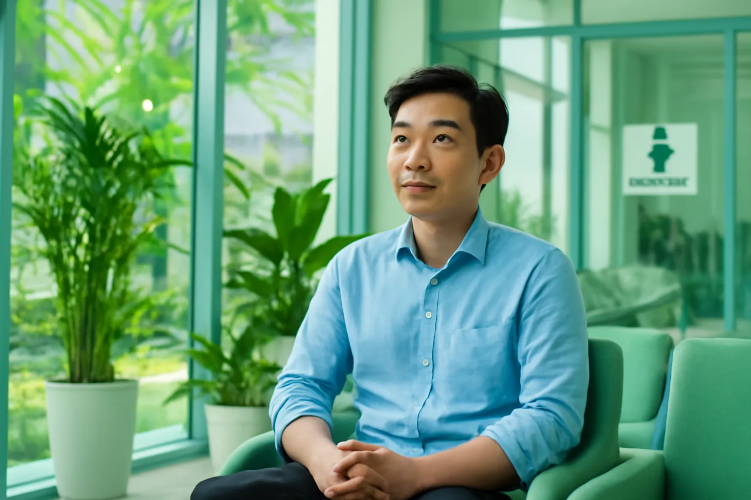 Người đàn ông ngồi chờ trong phòng khám hiện đại có cây xanh