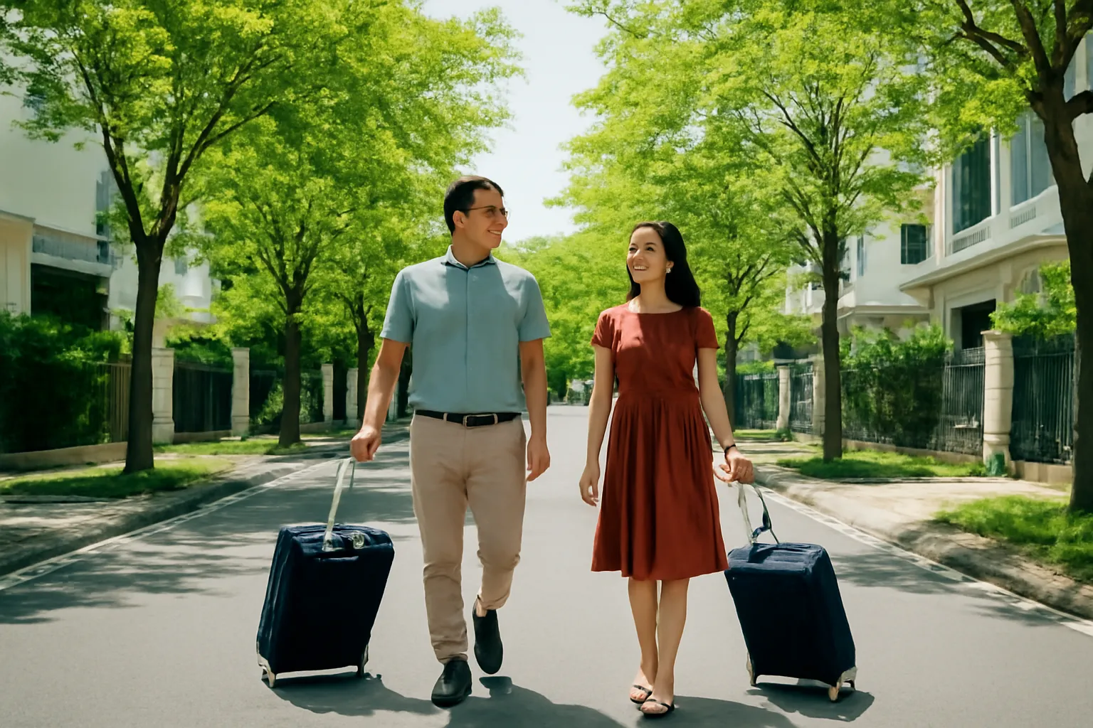 Cặp vợ chồng kéo vali đi dọc con phố yên tĩnh có hàng cây xanh