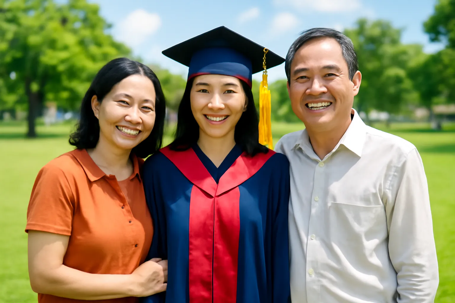 Cô gái mặc áo tốt nghiệp chụp ảnh cùng bố mẹ trên bãi cỏ