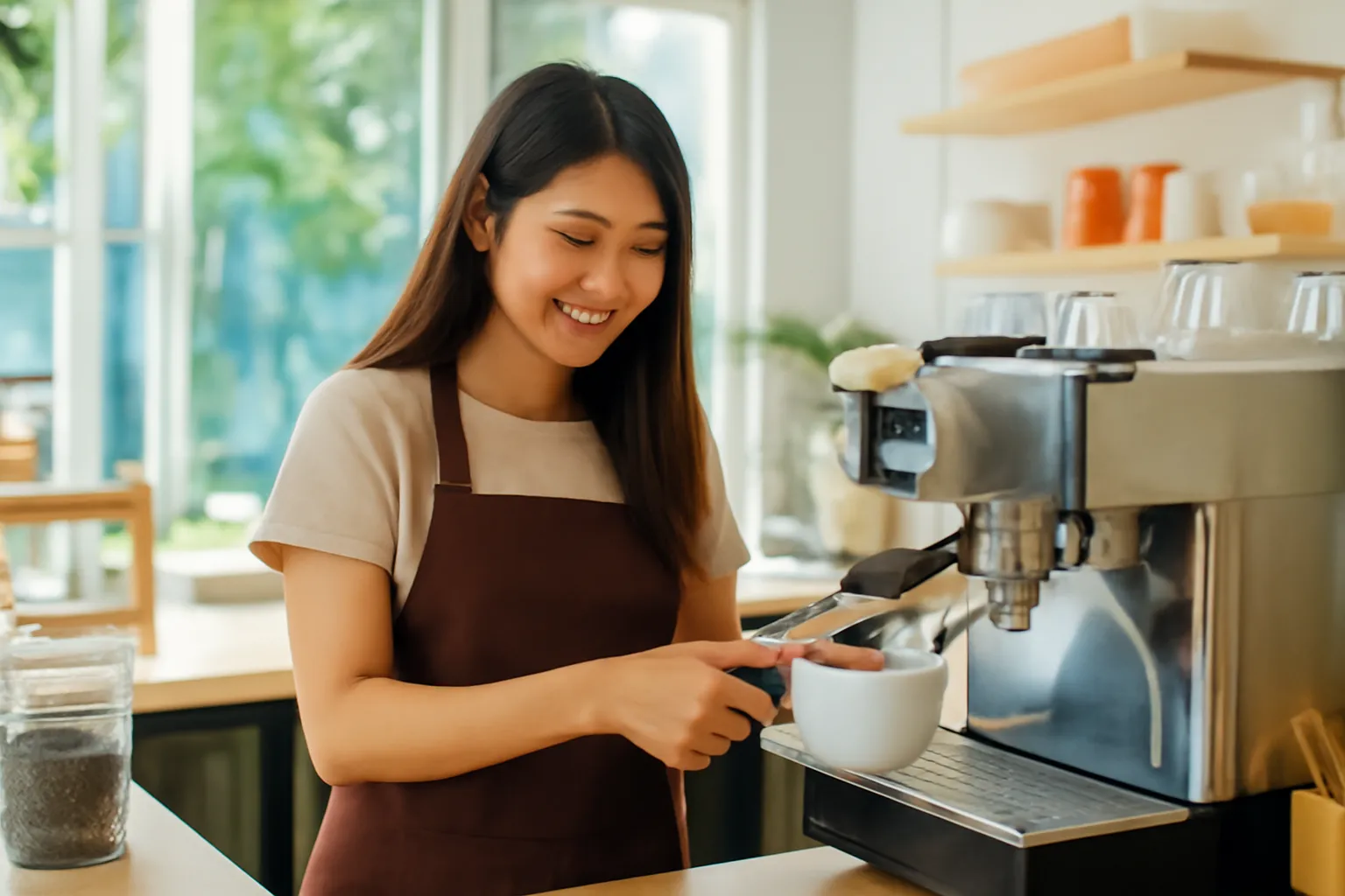 Nữ sinh viên đeo tạp dề pha cà phê sau quầy buổi sáng