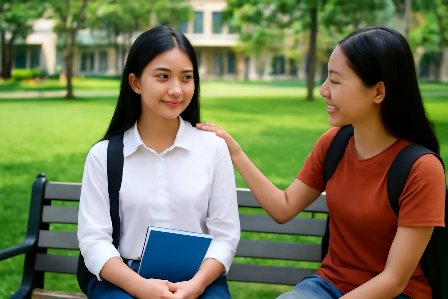 Du học sinh ngồi ghế đá sân trường, bạn đặt tay lên vai an ủi