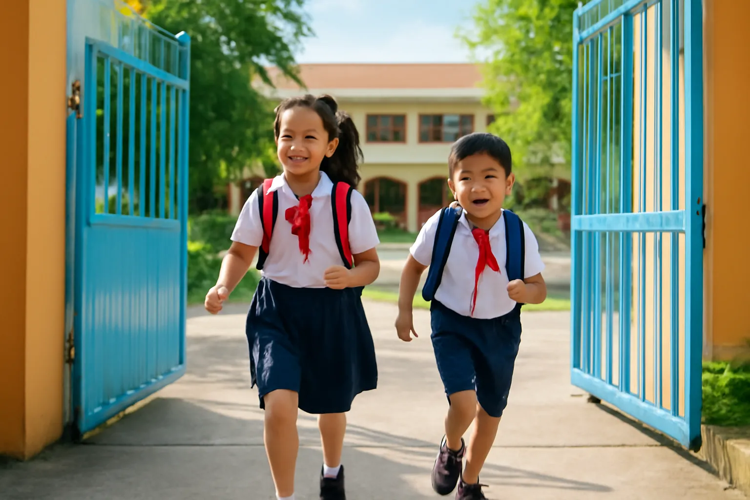 Hai đứa trẻ mặc đồng phục chạy vào cổng trường tiểu học Việt Nam