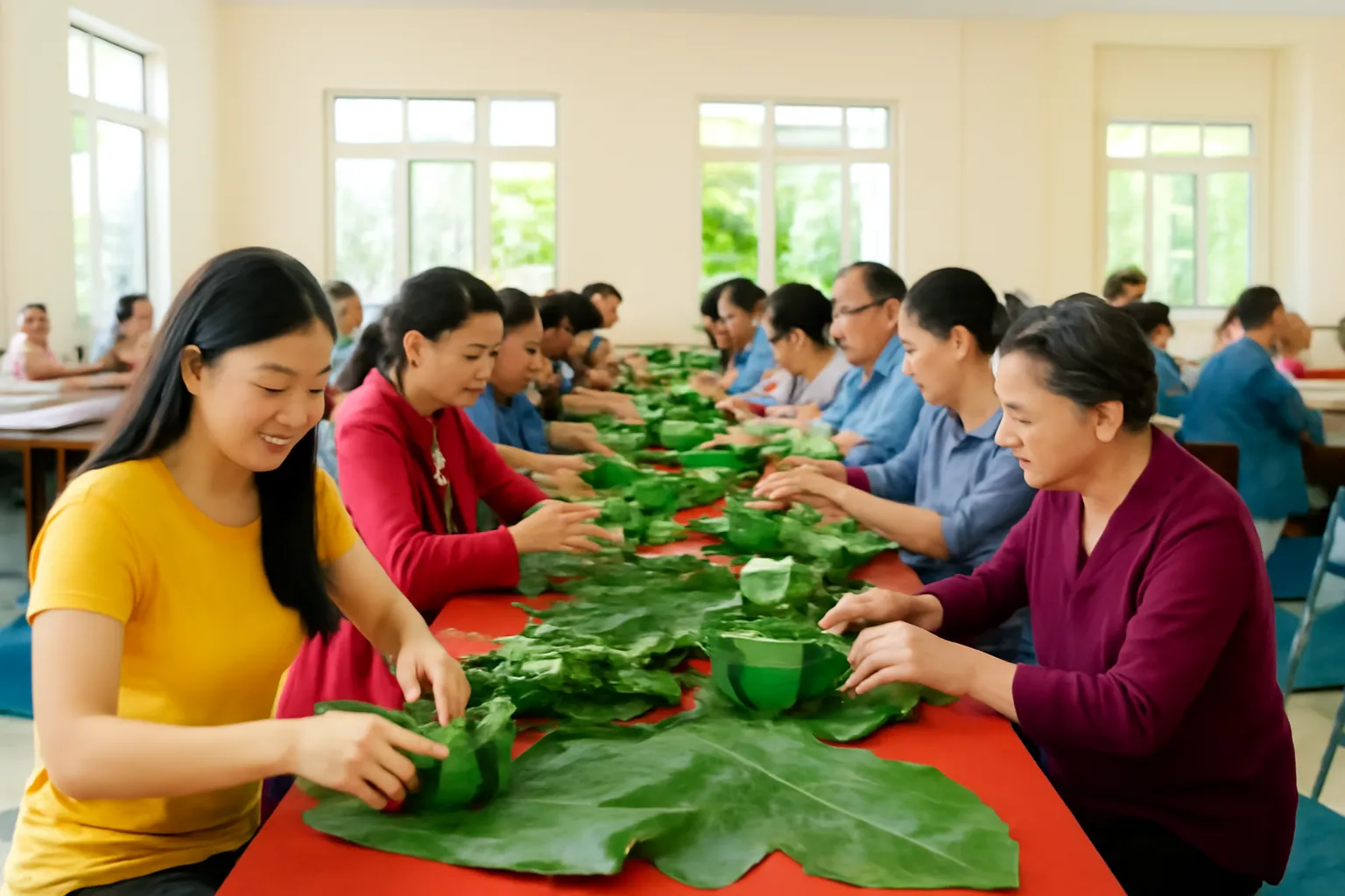 Nhiều người quây quần gói bánh chưng quanh bàn dài trong hội trường sáng