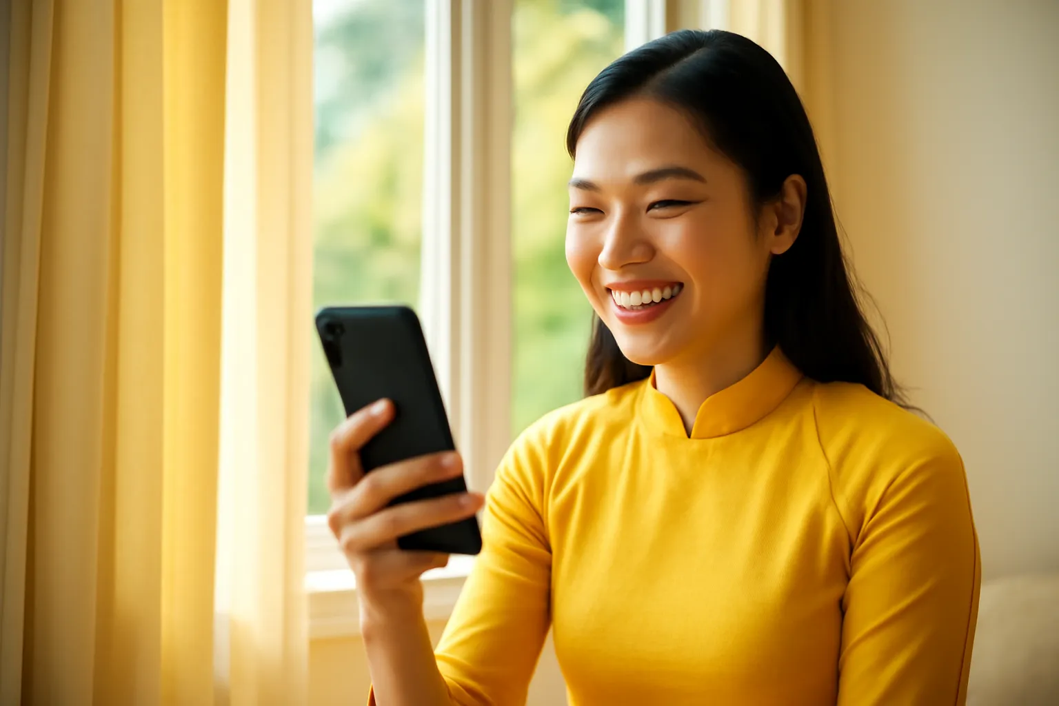 Người phụ nữ ngồi bên cửa sổ lớn gọi video về nhà buổi sáng