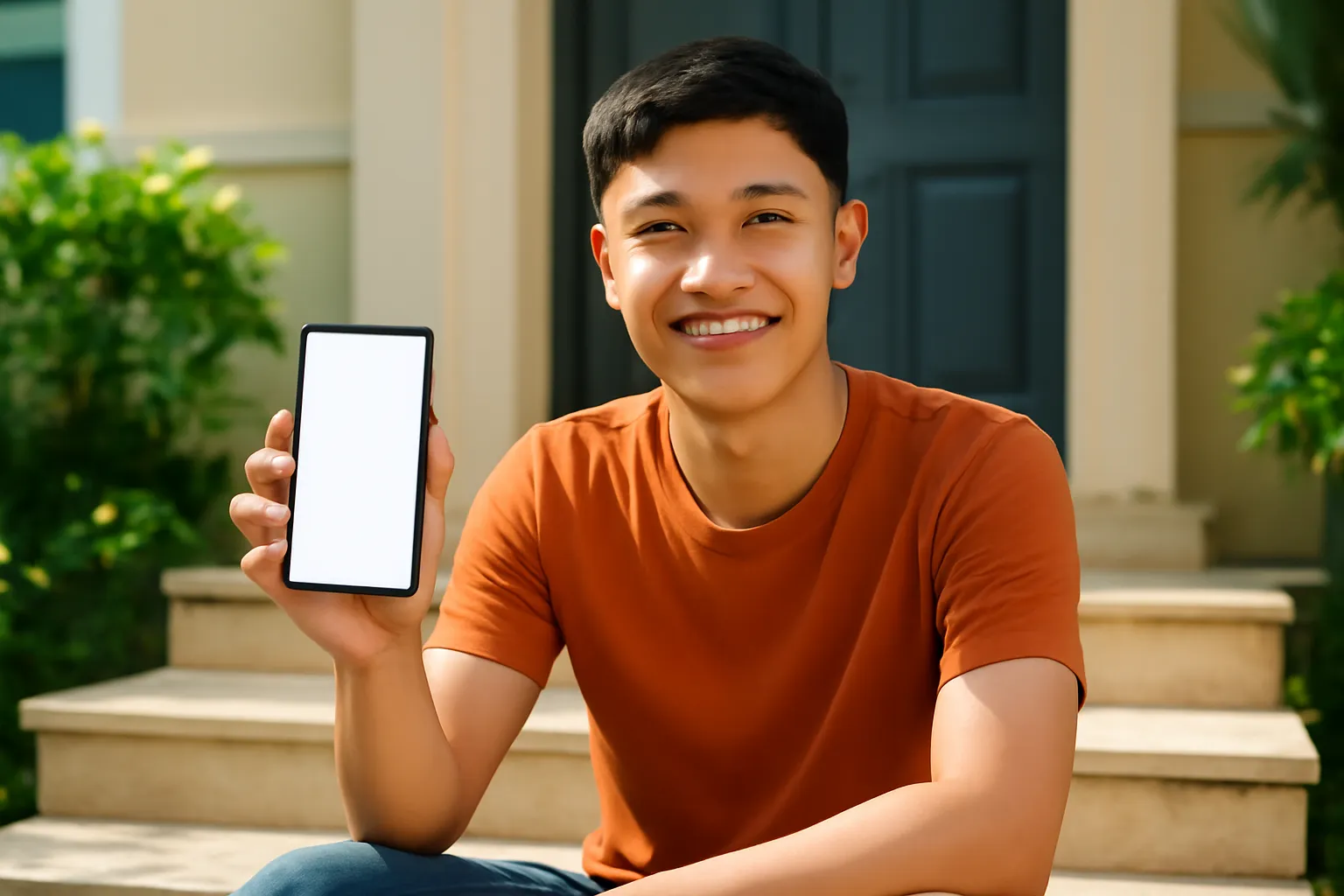 Thanh niên ngồi trên bậc thềm cầm điện thoại, mỉm cười trong nắng