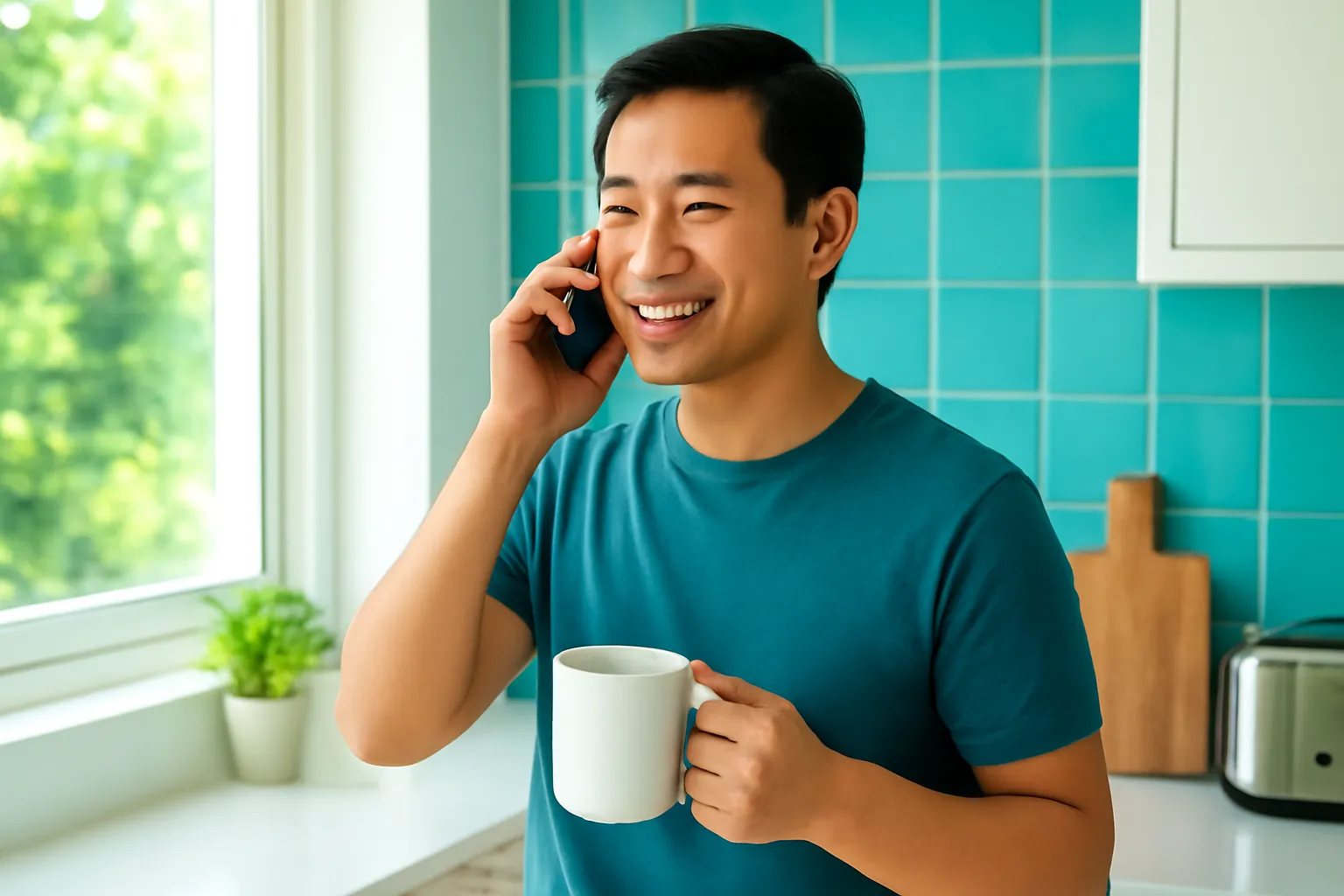 Người đàn ông đứng cạnh cửa sổ bếp nghe điện thoại, tay cầm cốc