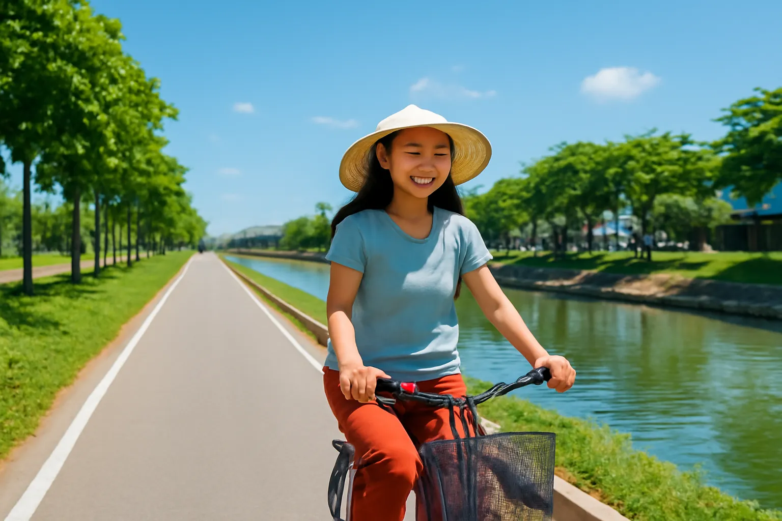 Cô gái Việt đạp xe trên con đường ven kênh đầy nắng