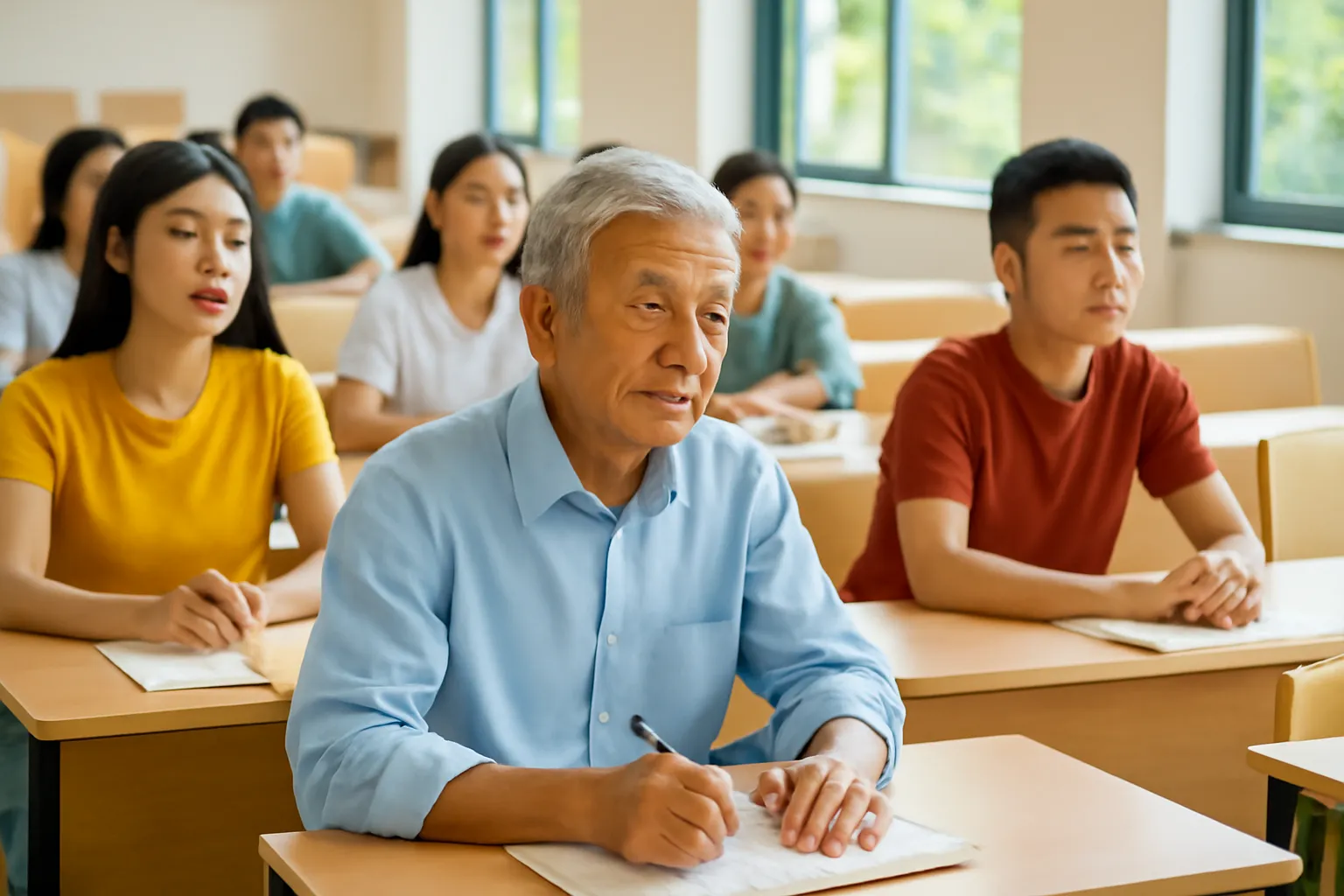 Người đàn ông tóc hoa râm ngồi giữa sinh viên trẻ trong giảng đường