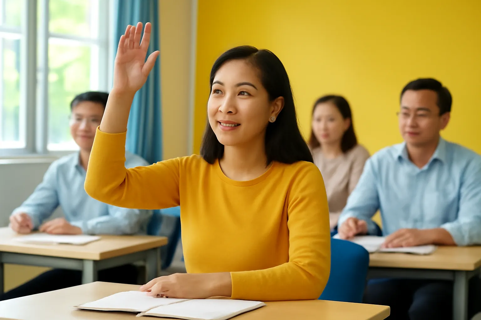 Nhóm người lớn học ngoại ngữ trong lớp học sáng sủa, một người giơ tay