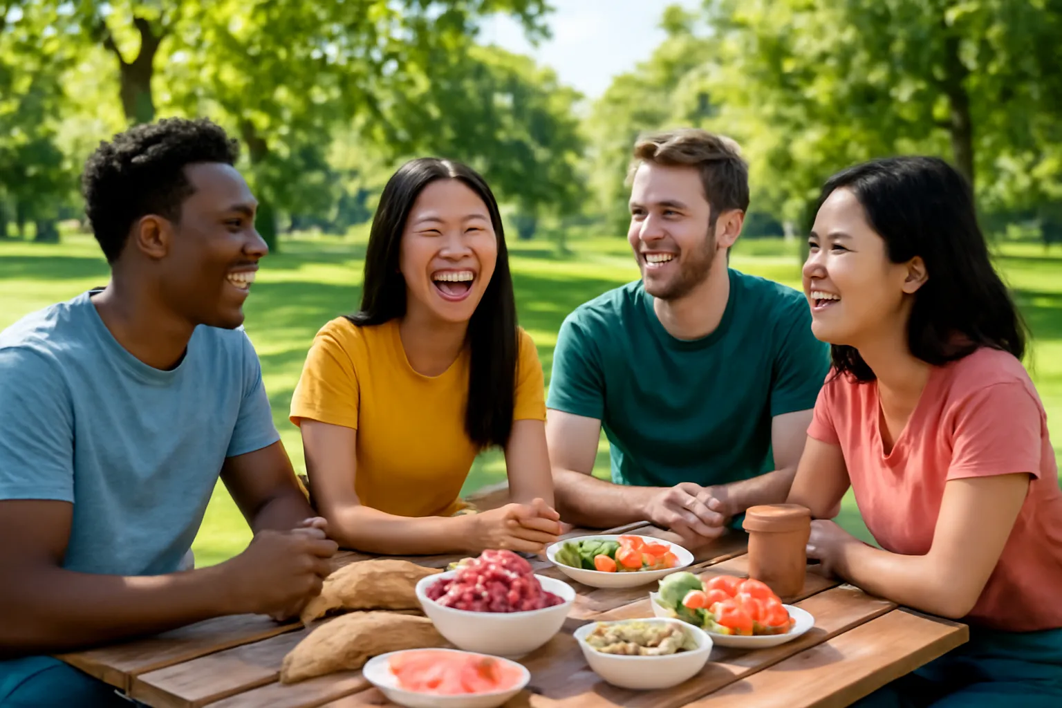 Nhóm bạn nhiều quốc tịch cười nói quanh bàn picnic trong công viên