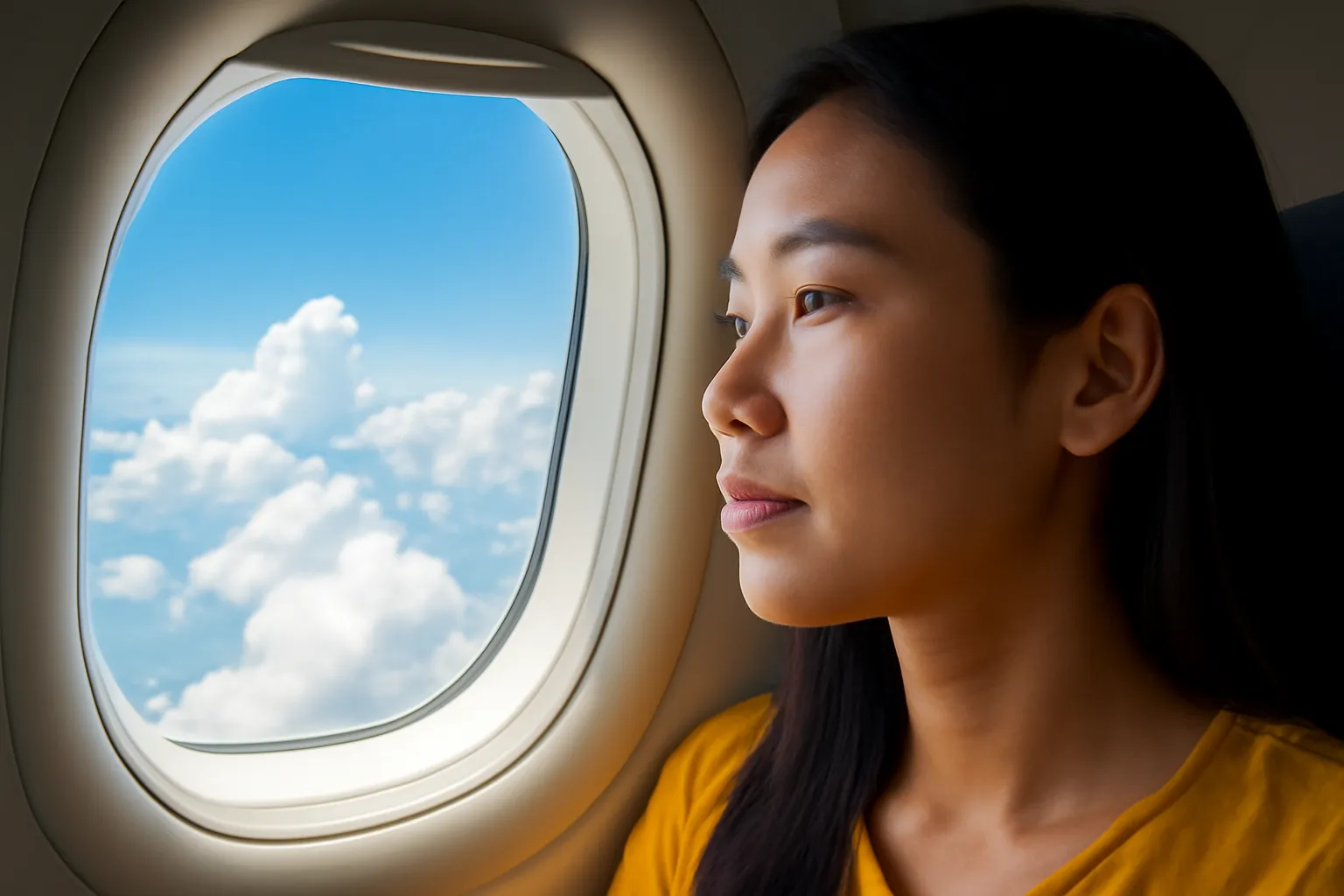 Người phụ nữ nhìn qua cửa sổ máy bay thấy mây trắng giữa trưa