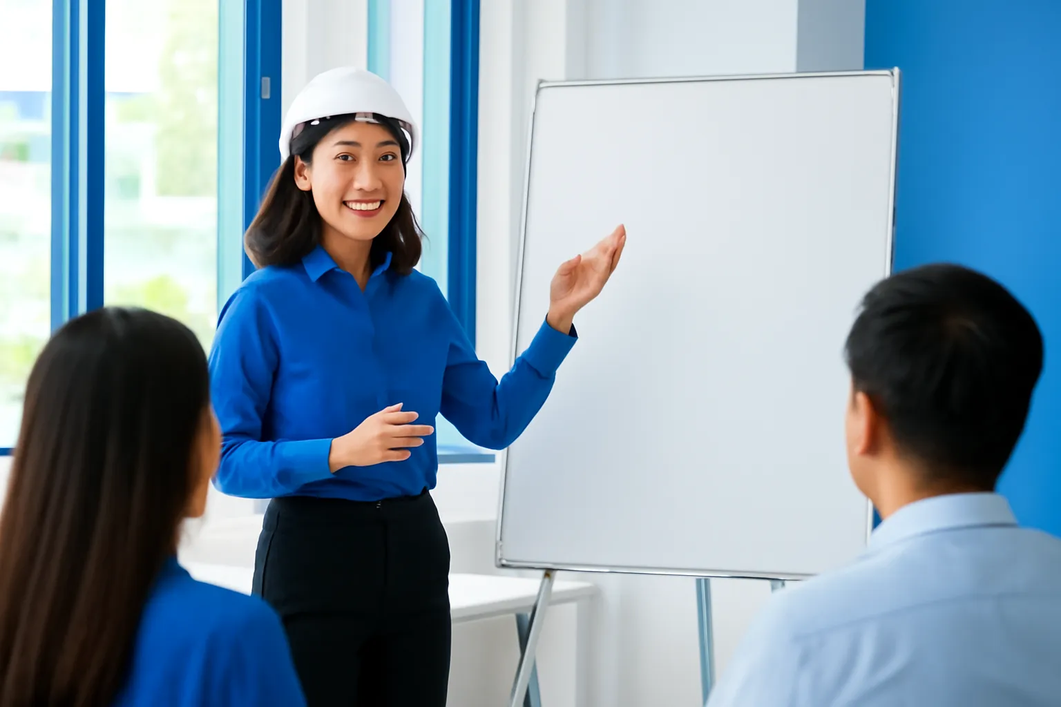 Nữ kỹ sư đứng trình bày trước nhóm đồng nghiệp bên tấm bảng trắng trống