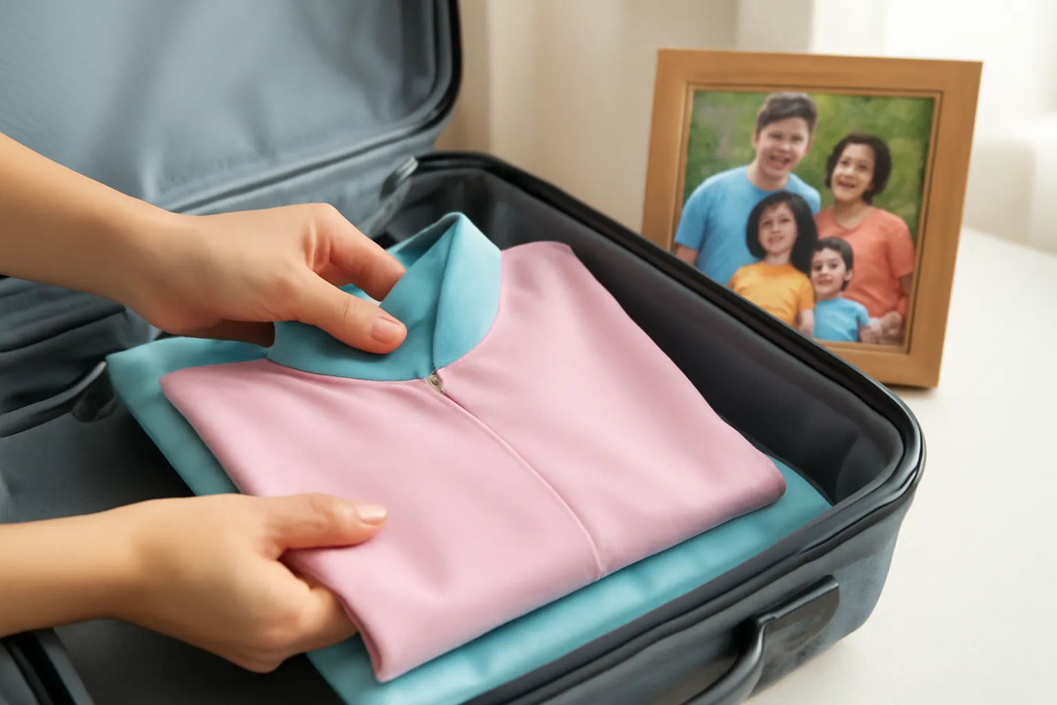 Bàn tay xếp áo dài và khung ảnh gia đình vào vali mở trên giường