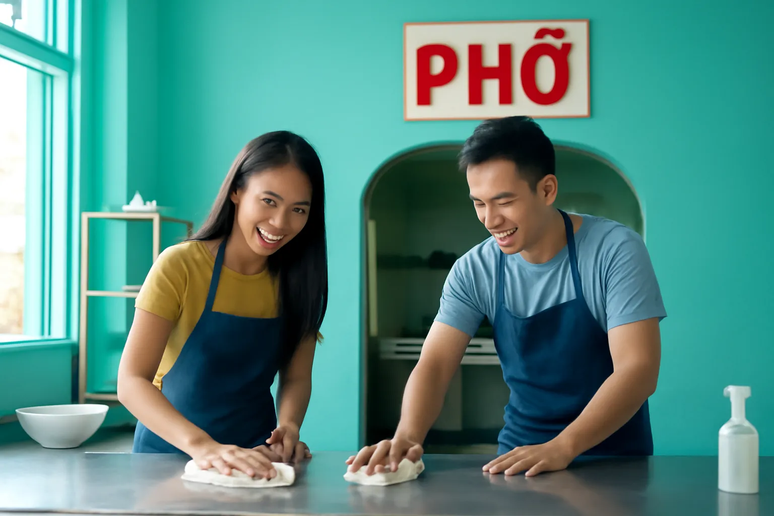 Vợ chồng lau quầy tiệm phở nhỏ còn vắng trước giờ mở cửa