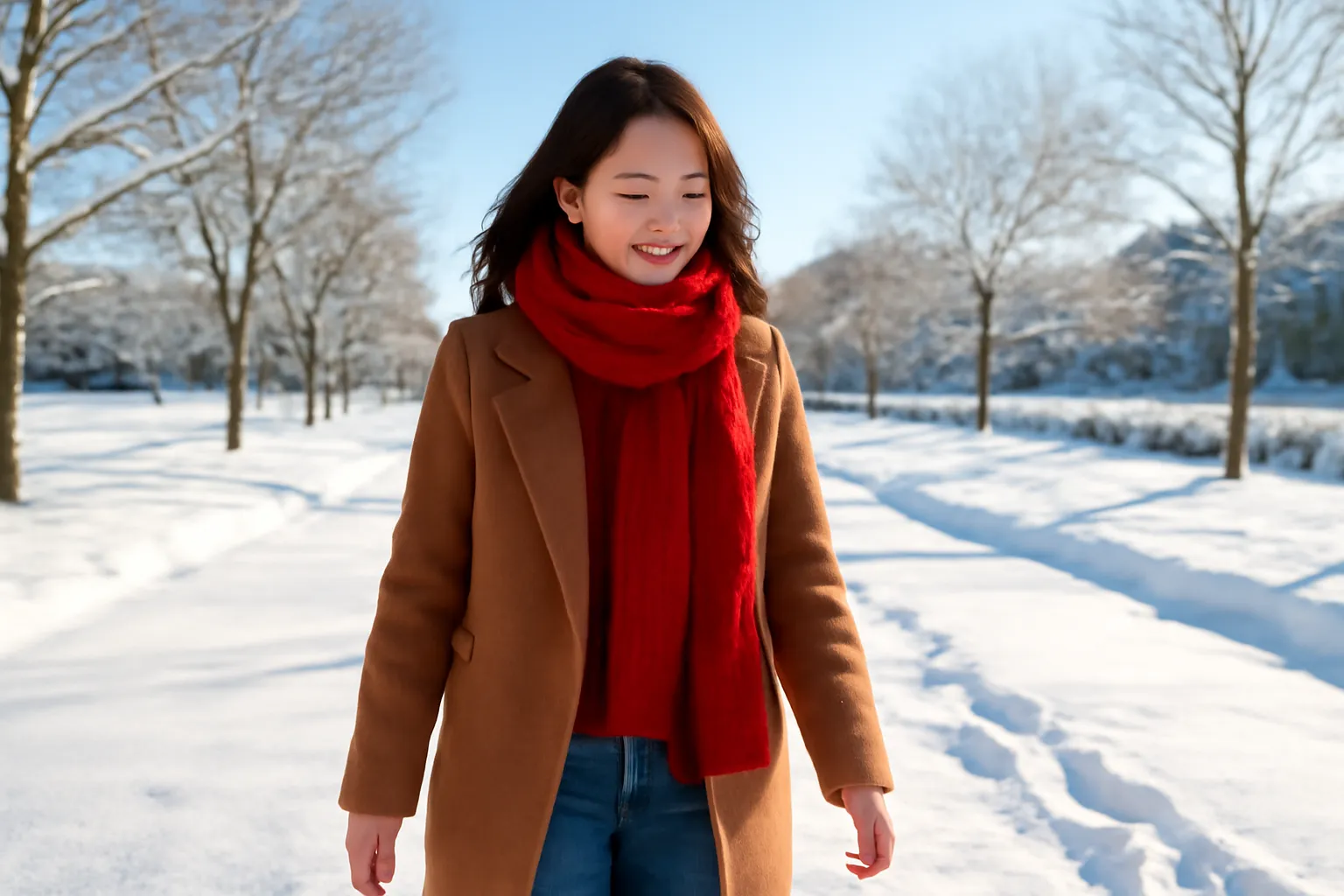 Người phụ nữ quàng khăn len đỏ đi bộ giữa tuyết trắng dưới nắng