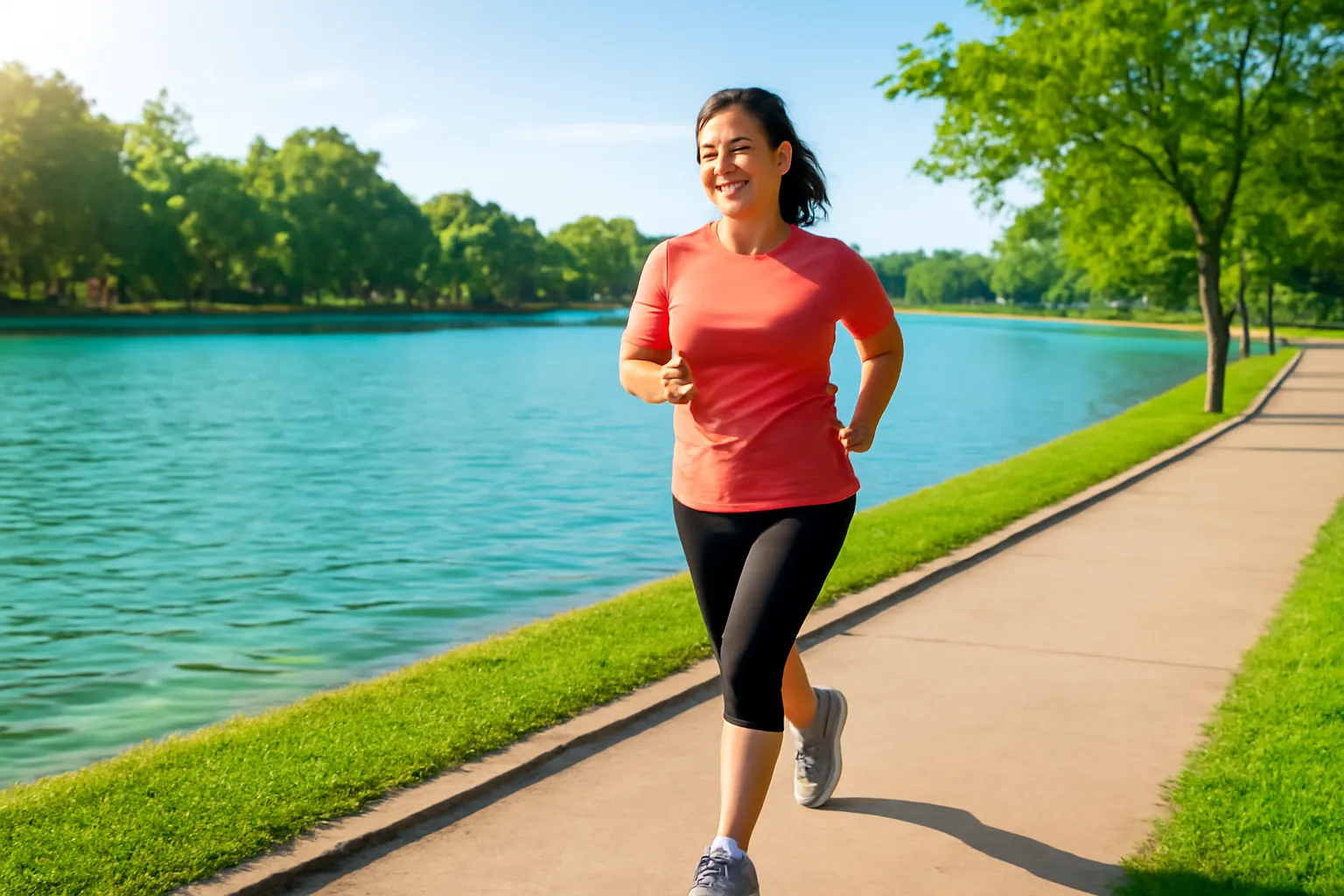 Người phụ nữ ngoài bốn mươi chạy bộ ven hồ buổi sáng