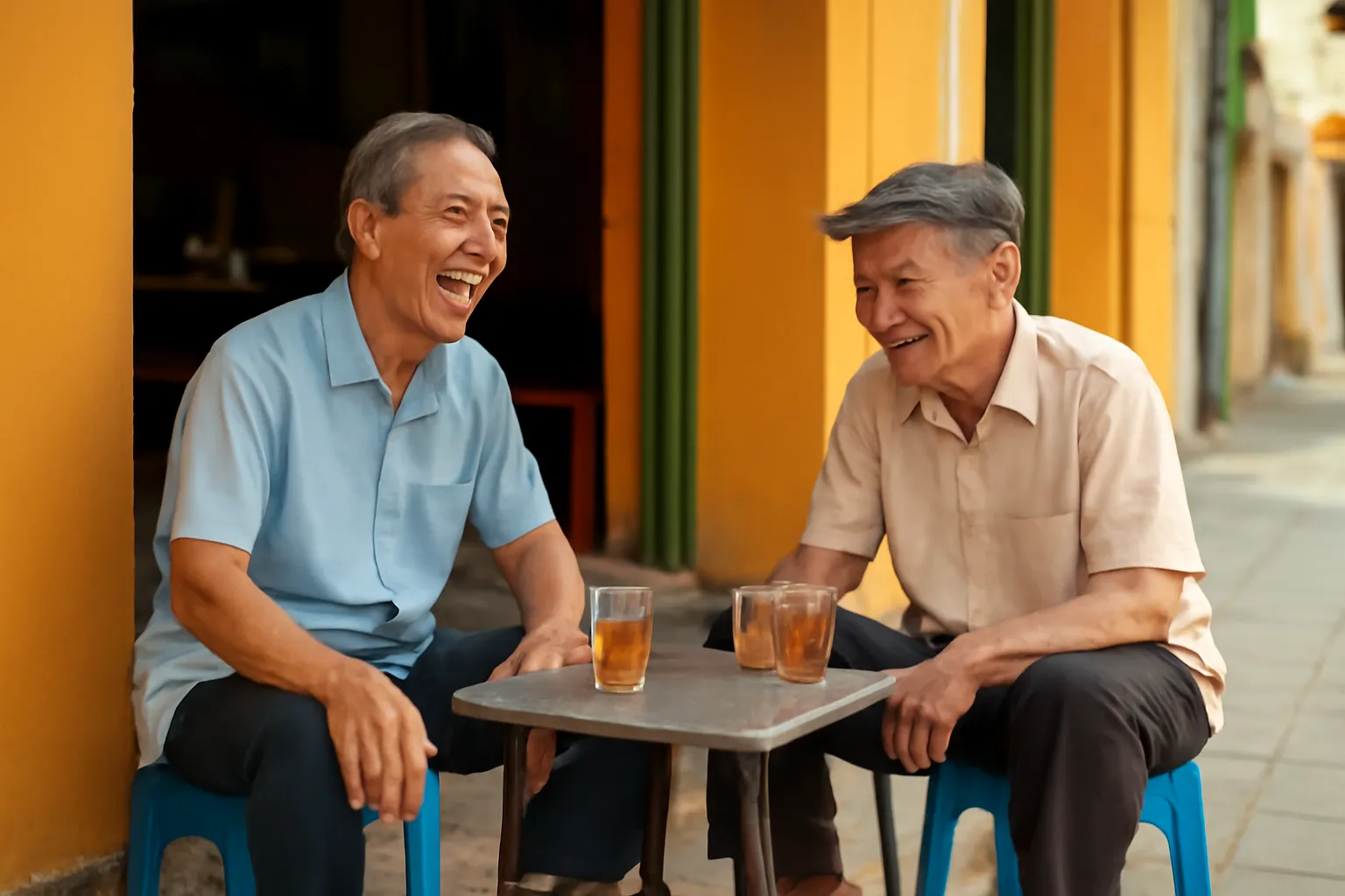 Hai người bạn cũ ngồi cà phê vỉa hè cười lớn buổi sáng