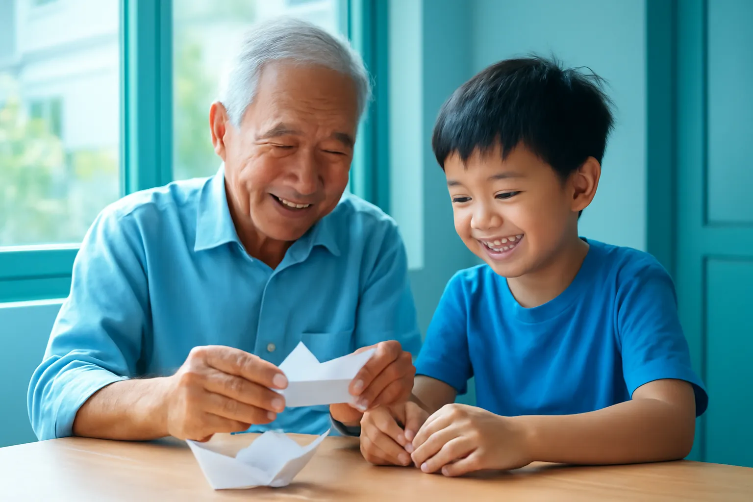 Ông nội dạy cháu gấp thuyền giấy bên bàn cạnh cửa sổ