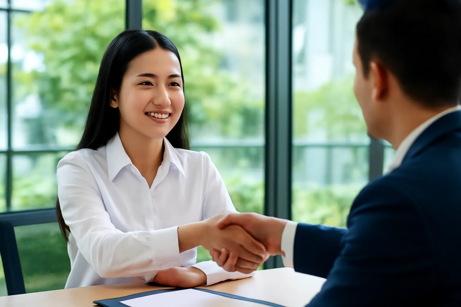 Cô gái áo sơ mi trắng bắt tay người phỏng vấn trong phòng họp kính
