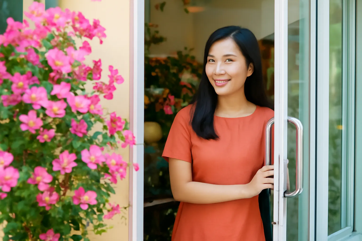 Người phụ nữ trẻ mở cửa tiệm hoa nhỏ của mình vào buổi sáng