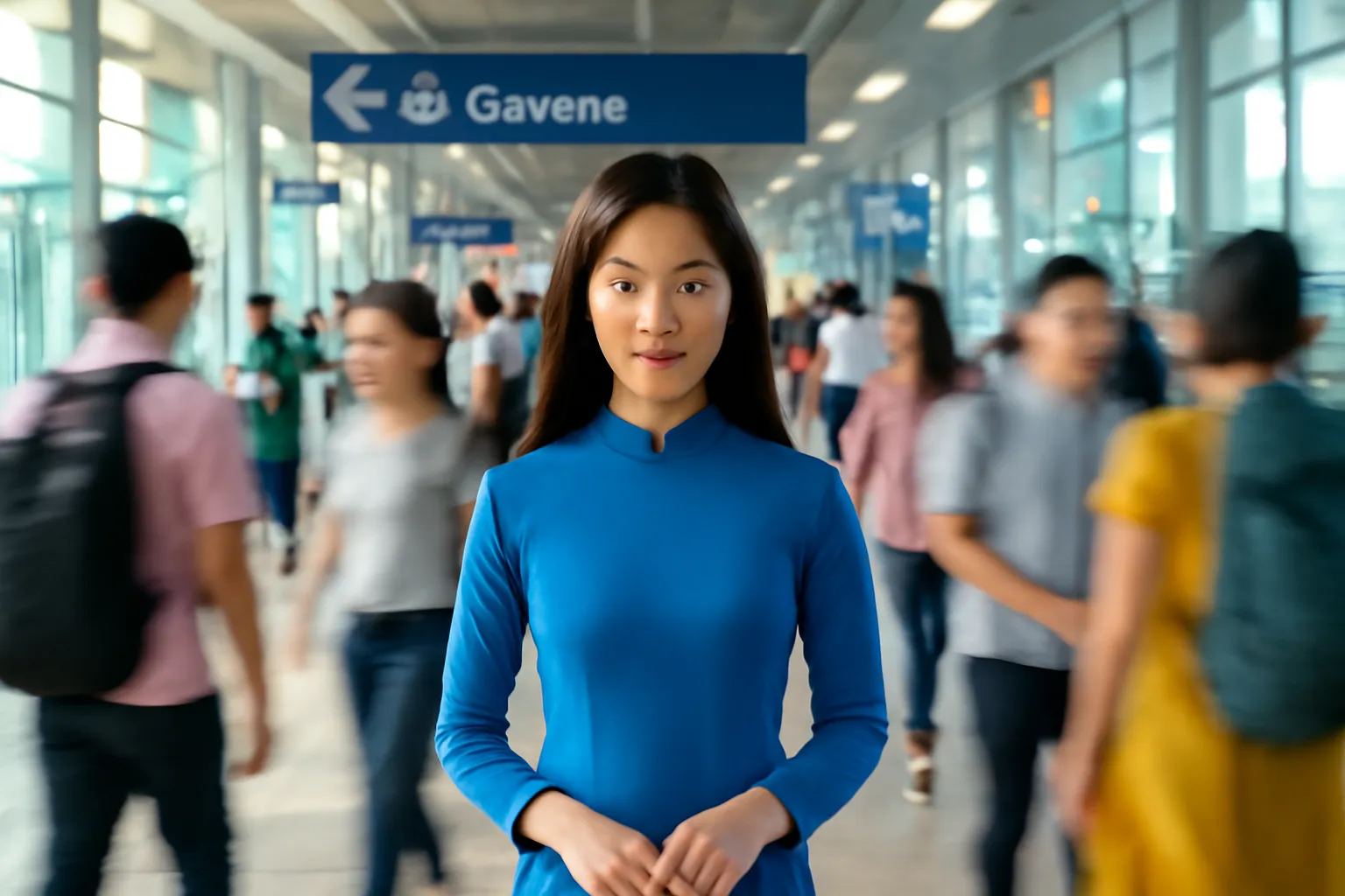 Cô gái trẻ đứng giữa nhà ga tàu điện đông người, nhìn quanh