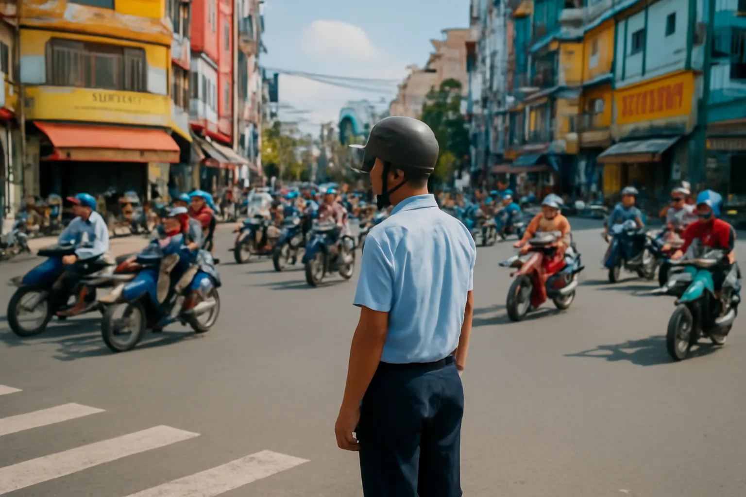 Người đàn ông đứng bên ngã tư đông xe máy ở thành phố Việt Nam