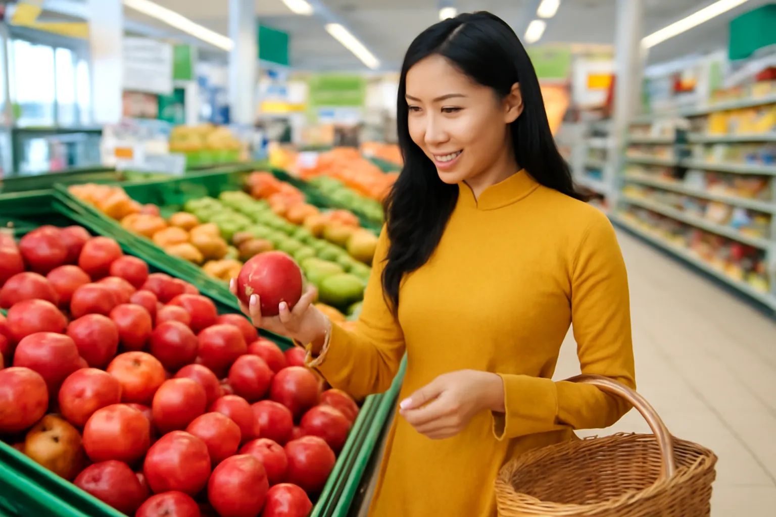 Người phụ nữ chọn táo trong siêu thị sáng đèn, giỏ hàng bên cạnh