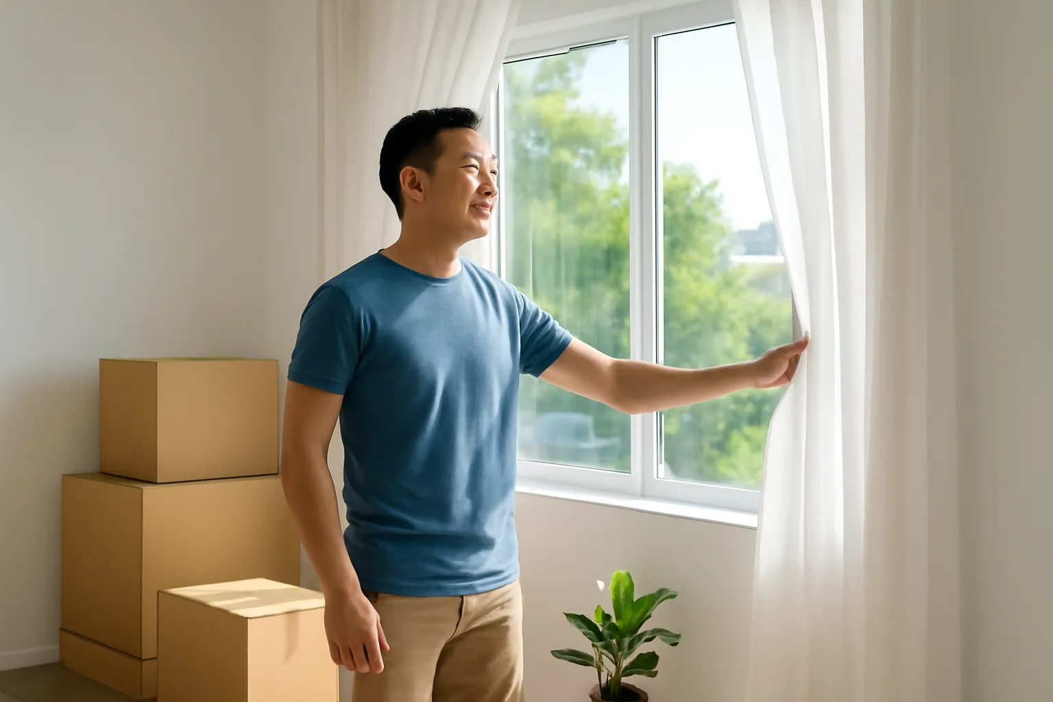 Người đàn ông mở rèm đón nắng trong căn phòng trống có thùng các tông