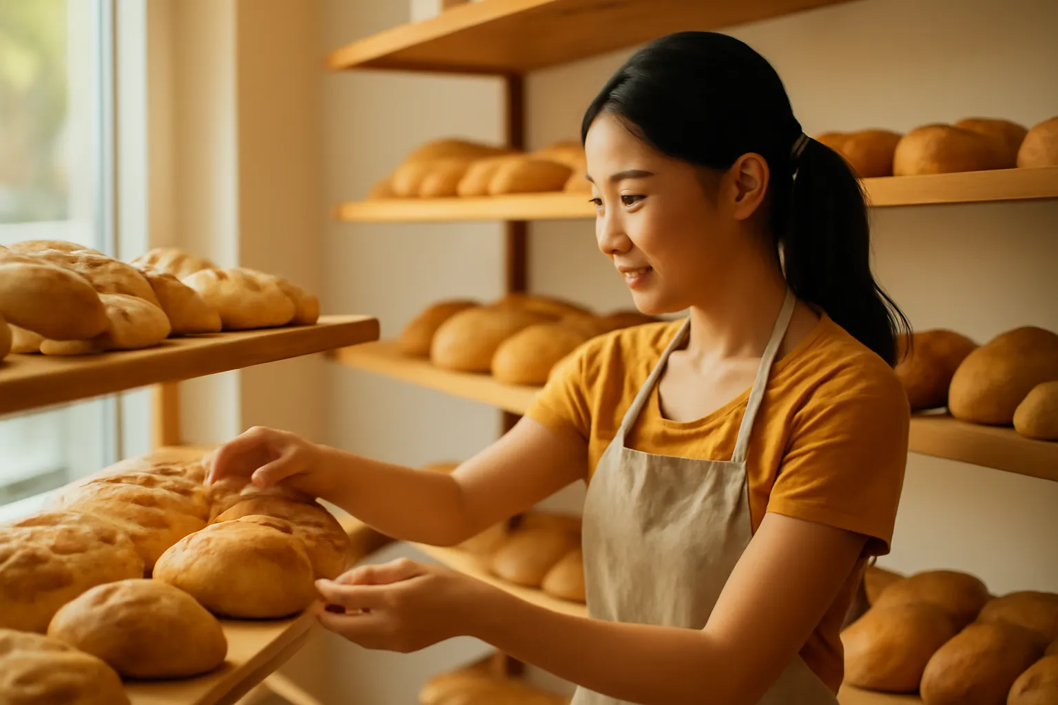 Người phụ nữ đeo tạp dề xếp bánh mì lên kệ tiệm bánh sáng sớm