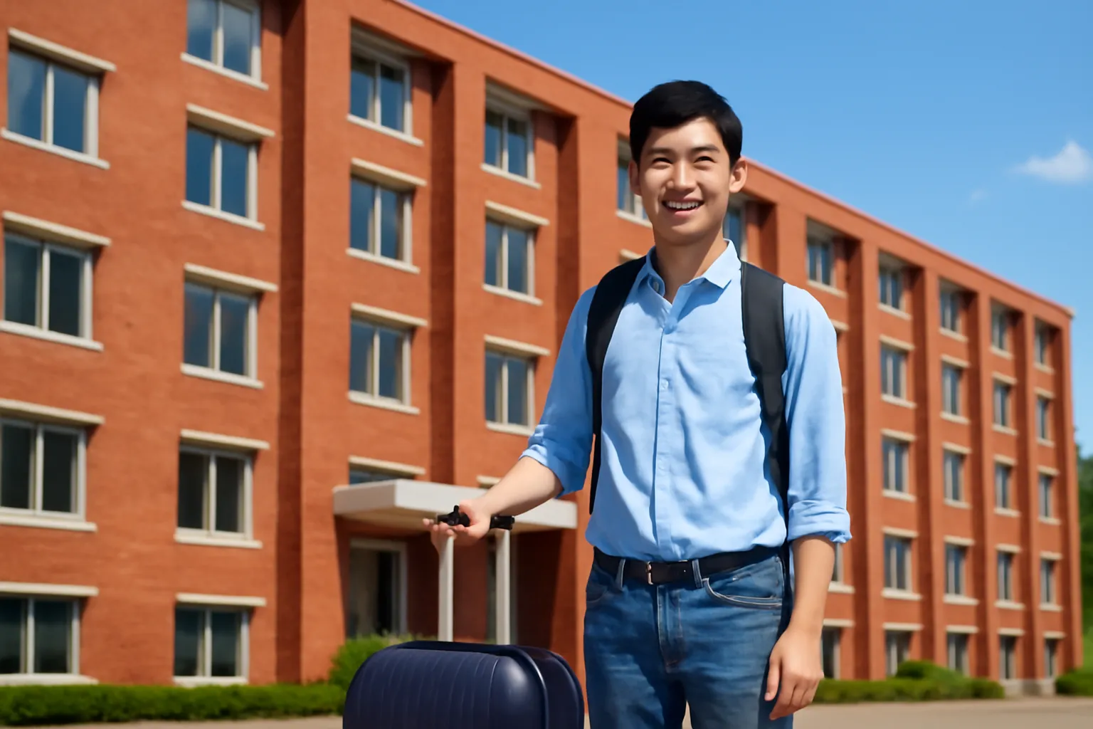 Nam sinh viên kéo vali đứng trước ký túc xá gạch đỏ dưới trời xanh