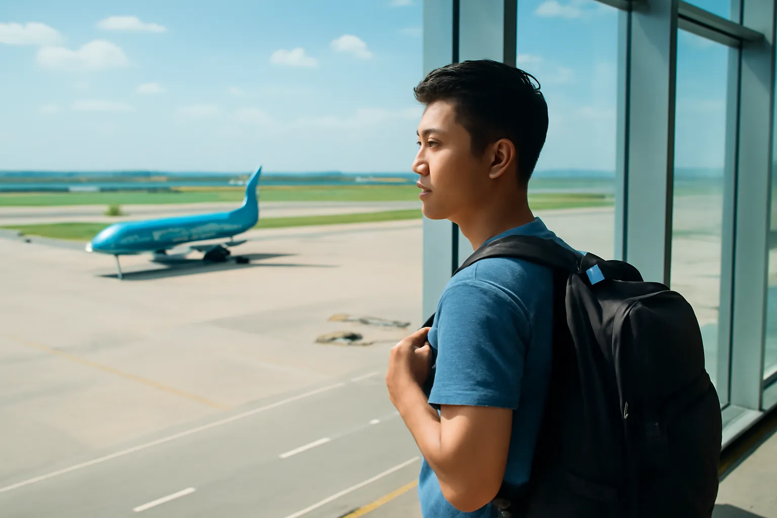 Chàng trai ngồi ở cổng ra máy bay, ba lô bên cạnh, nhìn đường băng