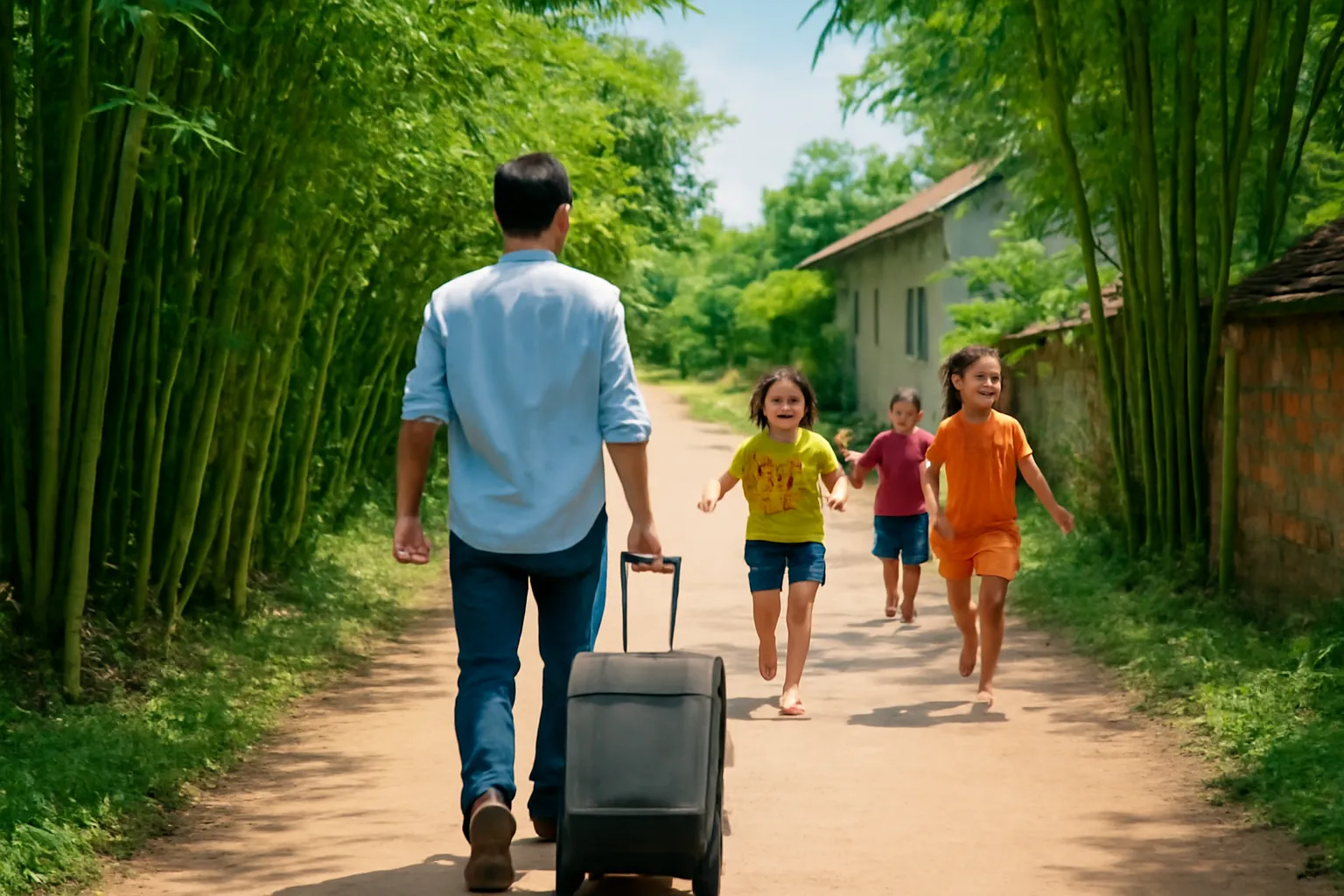 Người đàn ông kéo vali qua ngõ quê, trẻ con chạy ra đón
